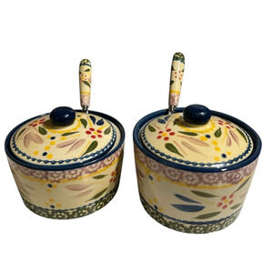 2 Temp-tations Old World Blue Honey Pot/Sugar Bowl/Ramekin w/Lid